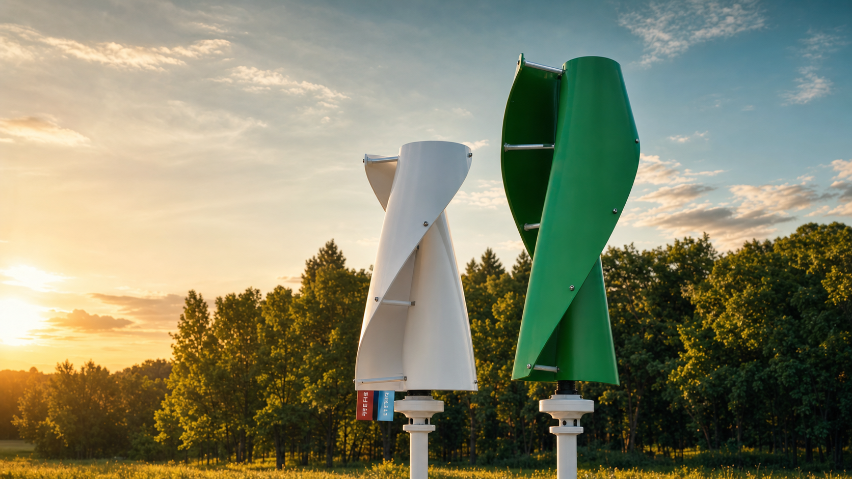 Three-blade wind turbines at dusk with aurora sky